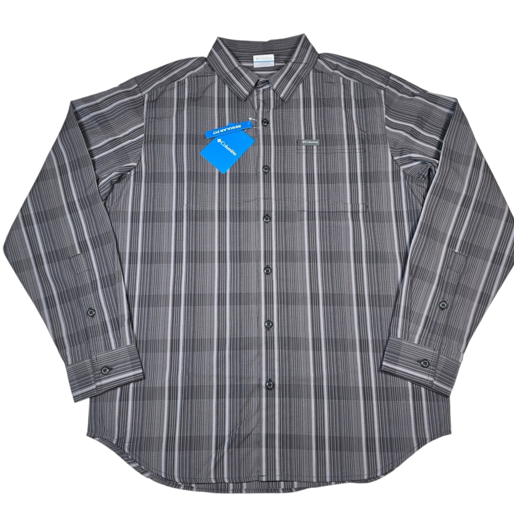 NWT Columbia Men's Rogers Peak Printed Long Sleeve Grey Button Down Shirt, Sz M